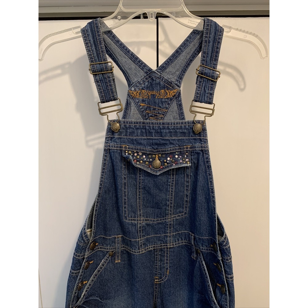 VTG Squeeze Kids Blue Denim Jean Overalls Girls LARGE 12/14 ~ RHINESTONES - Picture 2 of 9